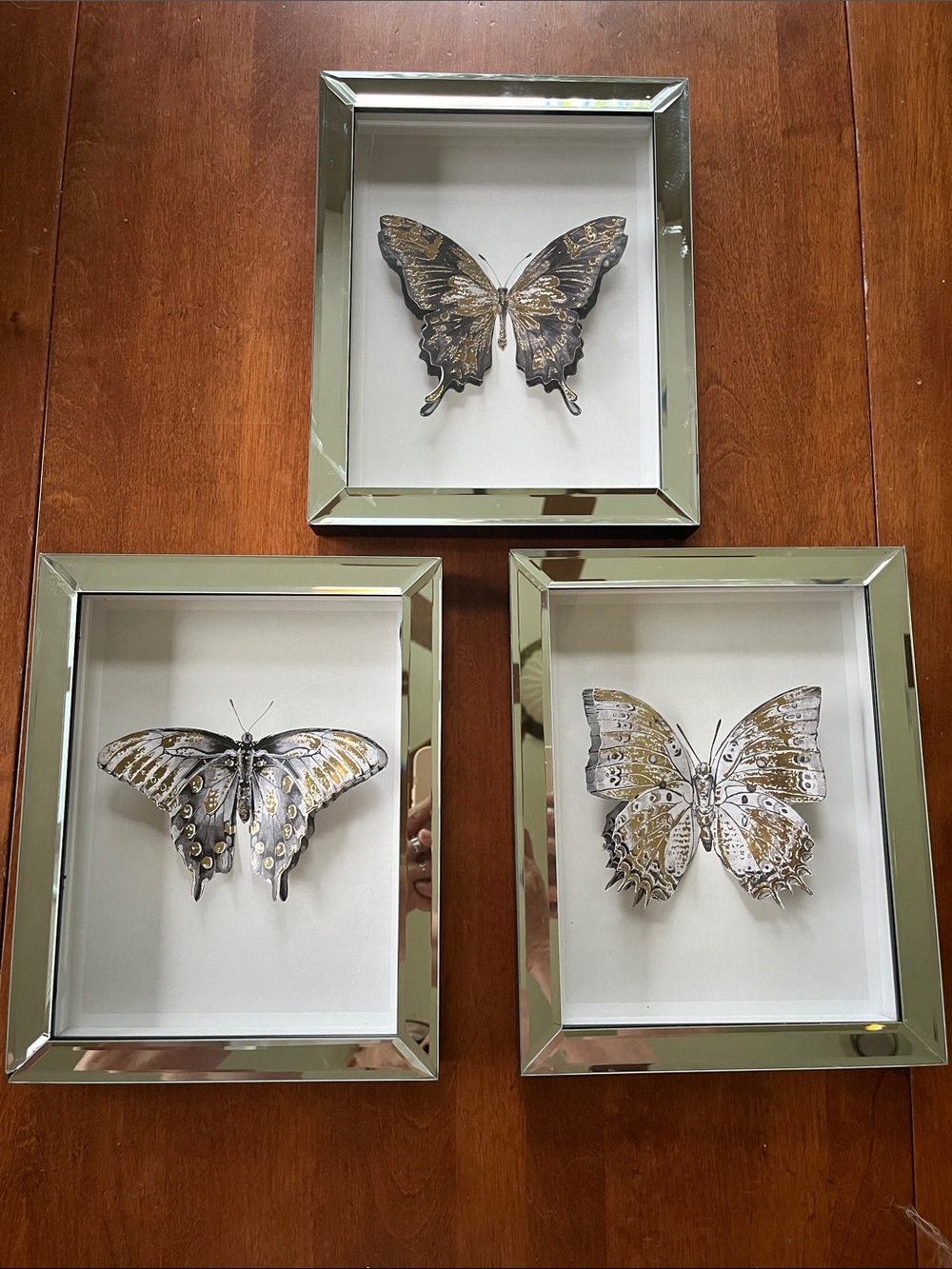 Set of 3 mirrored picture frames black/gold butterfly prints on white background